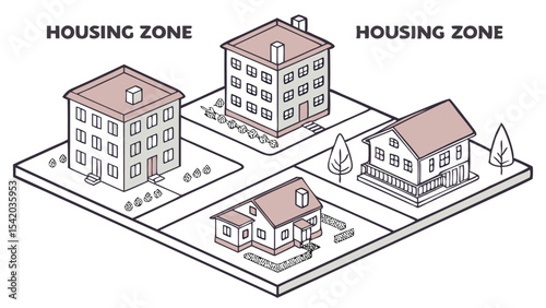 Isometric view of a housing zone with four buildings including houses and apartments with trees and roads