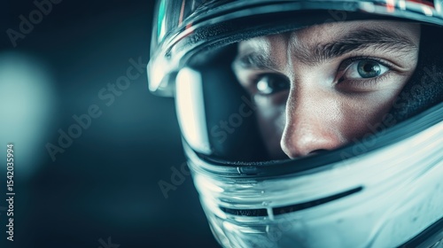 An intense close-up of a racing driver's face in their helmet, capturing determination and focus, with dramatic lighting highlighting the intensity of motorsport.