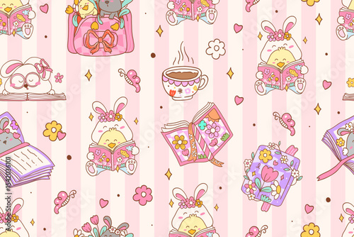 Seamless pattern cute bunny and spring bookish. Vector illustration.
