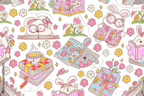 Seamless pattern cute bunny and spring bookish. Vector illustration.