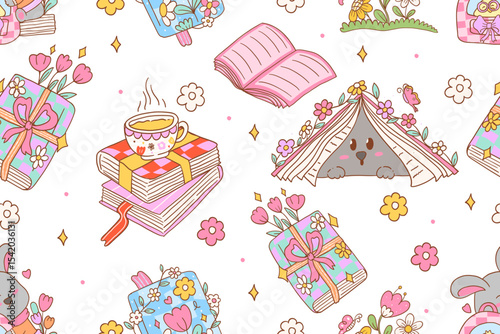 Seamless pattern cute bunny and spring bookish. Vector illustration.