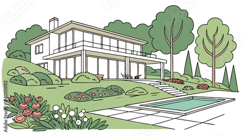 Illustration of a modern house with a pool surrounded by trees and flowers on a sunny day scene view