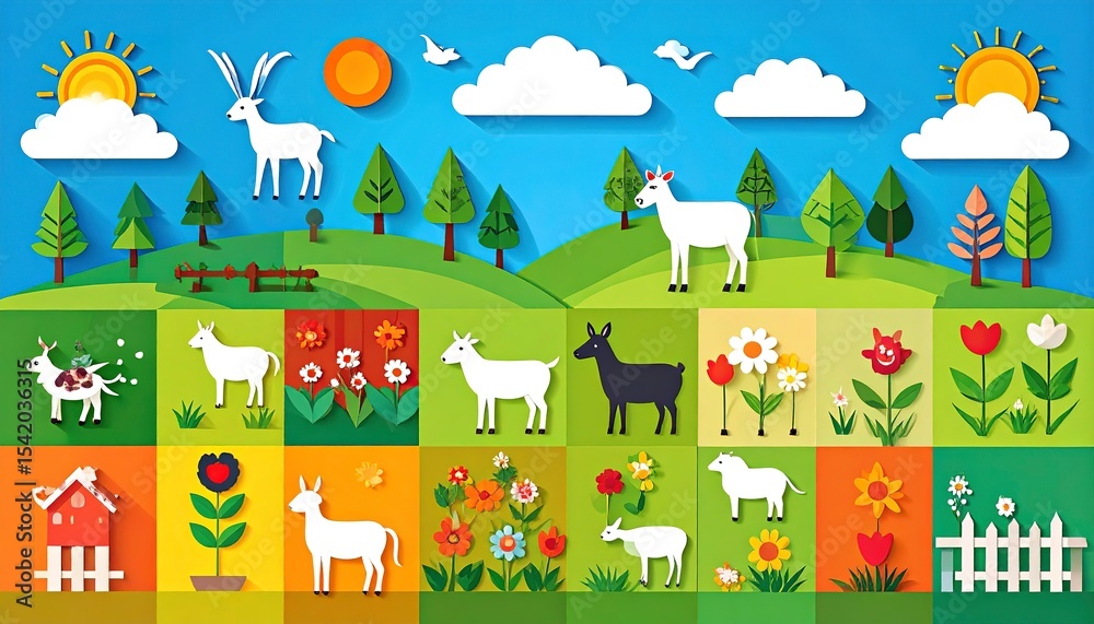 Obraz premium Cute farm and forest animals with birds in layered paper cut design, all gathered in a mosaic garden scene. 