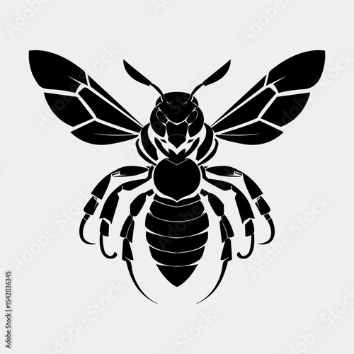A stylized symmetrical design of a black bee with detailed wings body segments and legs