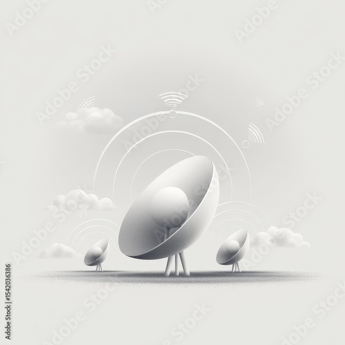 Satellite communication systems in modern technology digital art minimalist style simple shapes white background