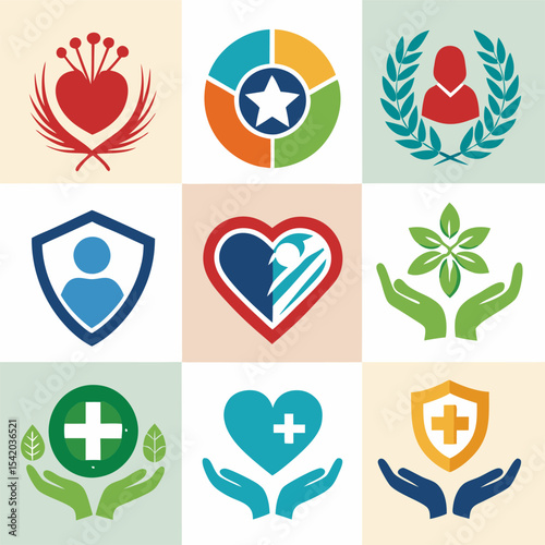 Six Isolated Charity Logo Designs, Illustrating Giving, Community Support, Hope, and Non-Profit Organizations.