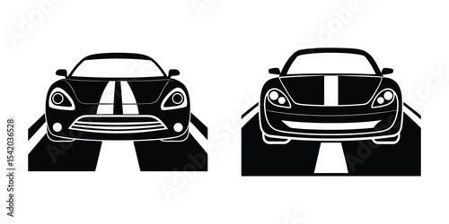 Silhouette Illustration of a Smooth Sports Car Front View Gliding along a Highway on White Background