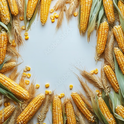 Fresh Corn and Wheat Frame Autumn Harvest Background Image