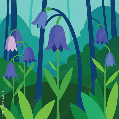 Vibrant bluebell flowers in a stylized forest with transparent background elements
