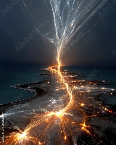 Nighttime Aerial View of City Lights and Coastline