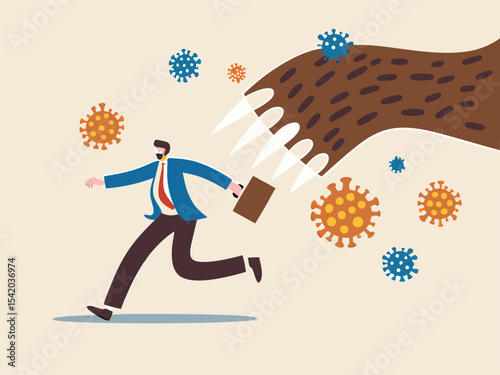 Bear market by COVID-19 Virus pandemic, stock market panic sell from novel corona virus, investor sell all their assets concept, panic businessman run away from bear claw with COVID-19 virus pathogens