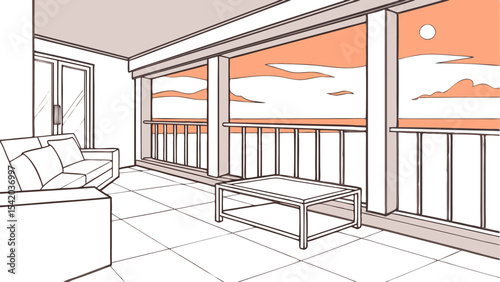 Interior view of a living room with a sofa coffee table and balcony overlooking an orange sunset sky view