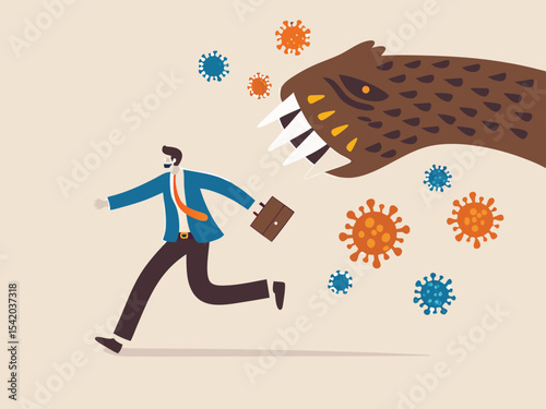 Bear market by COVID-19 Virus pandemic, stock market panic sell from novel corona virus, investor sell all their assets concept, panic businessman run away from bear claw with COVID-19 virus pathogens