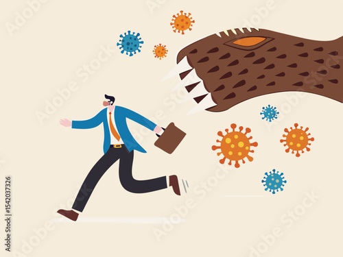 Bear market by COVID-19 Virus pandemic, stock market panic sell from novel corona virus, investor sell all their assets concept, panic businessman run away from bear claw with COVID-19 virus pathogens