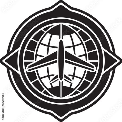 Futuristic Geometric Globe with Plane – Minimalist Black and White Travel Icon