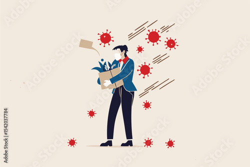 Unemployment, jobless from COVID-19 Coronavirus outbreak, company closed and business shut down and worker being fired, sad businessman carrying thing after being fired, virus pathogens fall on him.
