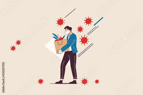 Unemployment, jobless from COVID-19 Coronavirus outbreak, company closed and business shut down and worker being fired, sad businessman carrying thing after being fired, virus pathogens fall on him.