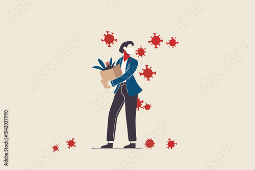 Unemployment, jobless from COVID-19 Coronavirus outbreak, company closed and business shut down and worker being fired, sad businessman carrying thing after being fired, virus pathogens fall on him.