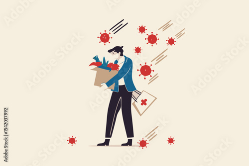 Unemployment, jobless from COVID-19 Coronavirus outbreak, company closed and business shut down and worker being fired, sad businessman carrying thing after being fired, virus pathogens fall on him.