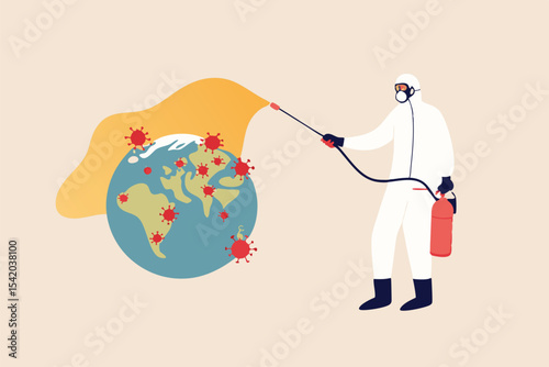COVID-19 Coronavirus outbreak spreading crisis in the US United States concept, medical worker with full protective gear disinfecting planet earth with America map on it with COVID-19 virus pathogen
