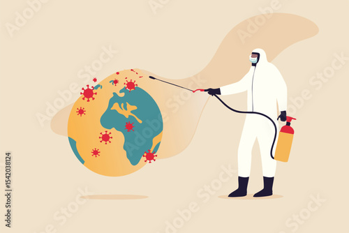 COVID-19 Coronavirus outbreak spreading crisis in the US United States concept, medical worker with full protective gear disinfecting planet earth with America map on it with COVID-19 virus pathogen