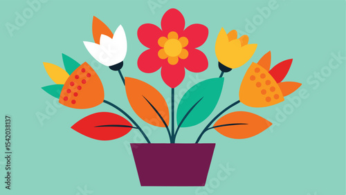 Vibrant floral arrangement in a pot with bold colors and graphic design style