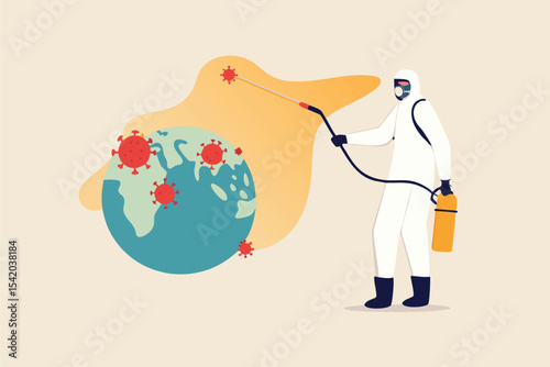 COVID-19 Coronavirus outbreak spreading crisis in the US United States concept, medical worker with full protective gear disinfecting planet earth with America map on it with COVID-19 virus pathogen