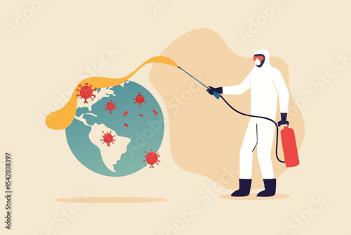 COVID-19 Coronavirus outbreak spreading crisis in the US United States concept, medical worker with full protective gear disinfecting planet earth with America map on it with COVID-19 virus pathogen
