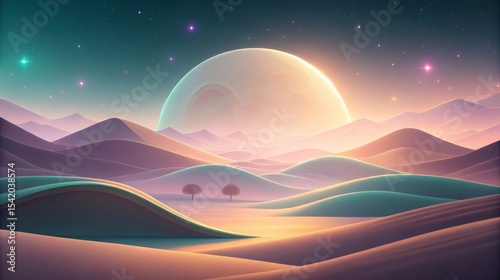 Surreal lighting over smooth digital landscape Surreal landscape with rolling hills, a large moon, and a starry sky at twilight.