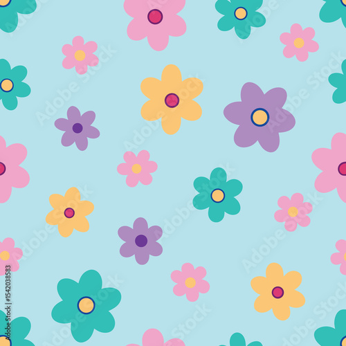 Vibrant floral pattern repeating design with colorful flowers on a light blue backdrop