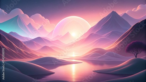Surreal lighting over smooth digital landscape Serene landscape with mountains, a river, and a vibrant sunset in pastel colors.