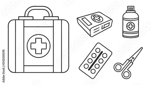 Outline illustration of a first aid kit with scissors pills and medicine bottle in black and white style