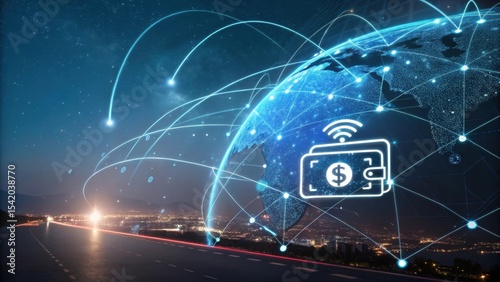 Digital representation of global financial transactions highlighting connectivity and technology in a futuristic urban setting.
