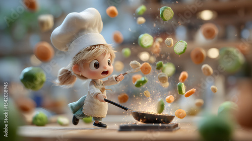 Cartoon Chef Tossing Vegetables in a Pan with Animated Sparks