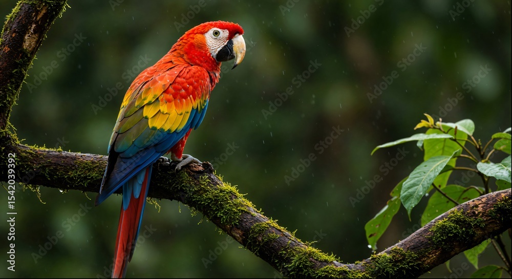 Fototapeta premium Colorful scarlet macaw perched on mossy tree branch in tropical rainforest, vibrant vivid plumage of exotic bird in natural habitat, wildlife and biodiversity conservation concept