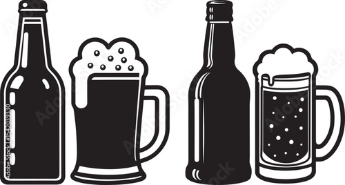 Black and White Beer Bottle and Mug Icon – Foaming Beer Design