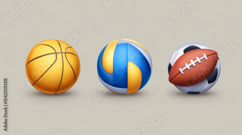 Sport ball vector mockup. 3d basketball, volleyball, soccer, school football icon set. Realistic isolated game equipment emoji. Cartoon emoticon different play stuff. Team round ball sticker element.