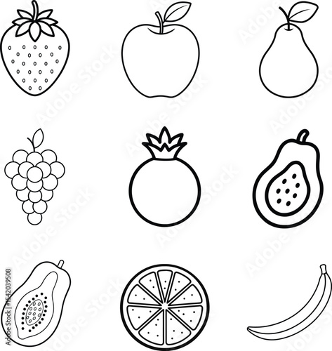 Set of line art fruits Vector Illustration Natural Tropical fruits. Apple, Strawberry, Banana, slice Orange,  Papaya, pear, pomegranate, grape, slice papaya, Outline Fruit Clipart Collection. 