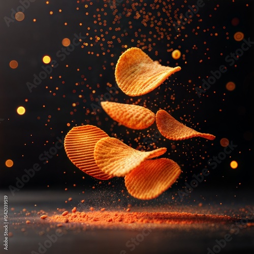 Appetizing crispy potato chips floating against a dark background with sparkling bokeh