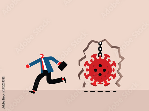 Virus disease outbreak protection failure, COVID-19 virus destroy lock down wall and spread into country concept, wrecking ball as COVID-19 pathogen destroy and demolish wall, business man run away.