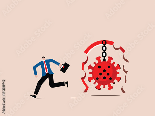 Virus disease outbreak protection failure, COVID-19 virus destroy lock down wall and spread into country concept, wrecking ball as COVID-19 pathogen destroy and demolish wall, business man run away.