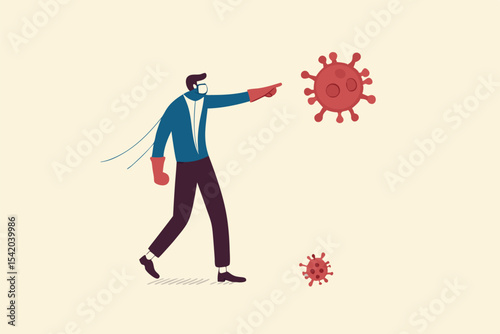 Fighting for business to survive and stop COVID-19 Coronavirus outbreak crisis concept, Confident businessman leader wearing suit with boxing gloves fighting with COVID-19 virus pathogen.