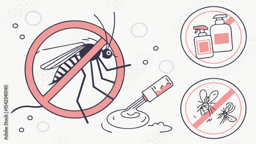 Illustration showing mosquito prevention methods including repellent and mosquito control signs