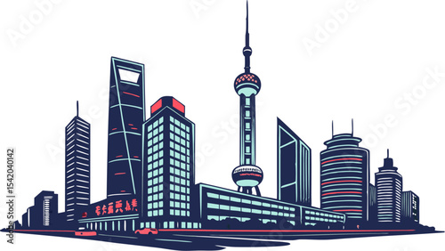 Illustration of a cityscape featuring various skyscrapers and the oriental pearl tower in shanghai china