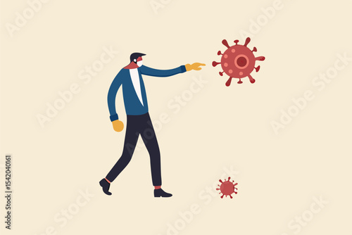 Fighting for business to survive and stop COVID-19 Coronavirus outbreak crisis concept, Confident businessman leader wearing suit with boxing gloves fighting with COVID-19 virus pathogen.