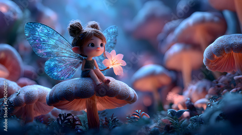 Fairy Sitting on Mushroom Holding Glowing Flower in Enchanted Forest