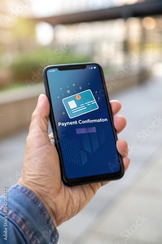 Wallpaper Mural A hand holds a smartphone displaying a payment confirmation screen, indicating a digital transaction in a modern setting. Torontodigital.ca