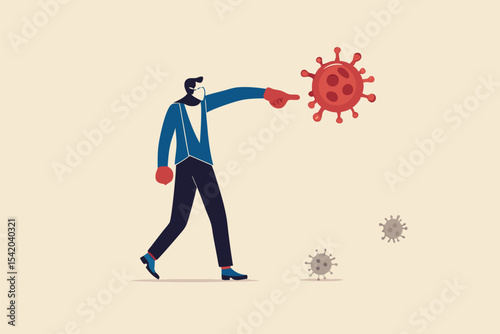 Fighting for business to survive and stop COVID-19 Coronavirus outbreak crisis concept, Confident businessman leader wearing suit with boxing gloves fighting with COVID-19 virus pathogen.