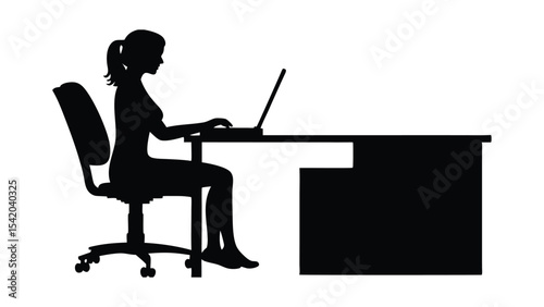 People working on laptops, including silhouettes of men and women, at their desks in an office environment a minimalist silhouette of a businesswoman  working on laptop at desk icon vector