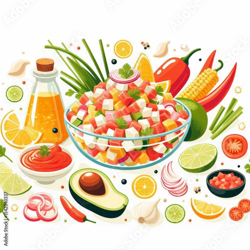 A vibrant bowl of diced ceviche surrounded by colorful ingredients like citrus peppers and avocado